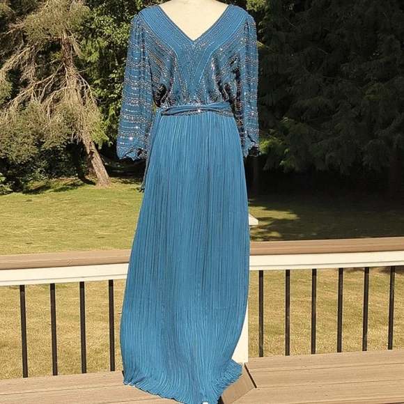 True Vintage Jack Bryan 70's Hollywood Glam Chevron Beaded Pleated Maxi - Picture 3 of 16